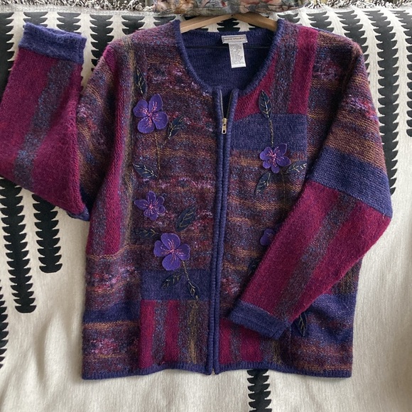 VTG Napa Valley Patchwork Embroidered Floral Purple Multi Wool Blend Cardigan XL - Picture 1 of 13